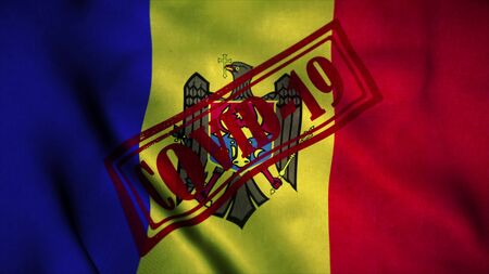 Covid-19 stamp on the national flag of Moldova. Coronavirus concept. 3d illustration.の写真素材