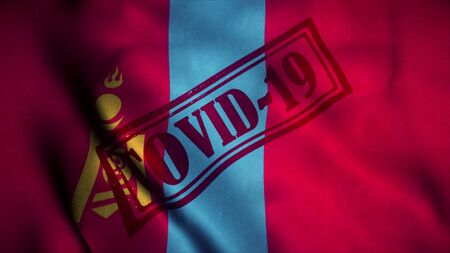 Covid-19 stamp on the national flag of Mongolia. Coronavirus concept. 3d illustration.の写真素材