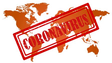 COVID-19 coronavirus epidemic, stamp Coronavirus on global map. Novel corona virus outbreak, spread of COVID-19 in the World. Coronavirus pandemic concept.の写真素材