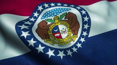 Missouri State flag waving in the wind. National flag of Missouri. Sign of Missouri State. 3d illustration.の写真素材