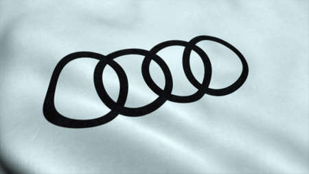 RUSSIA, MOSCOW, MARCH 2020: Flag with Audi logo, close-up. Conceptual editorial 3d rendering.