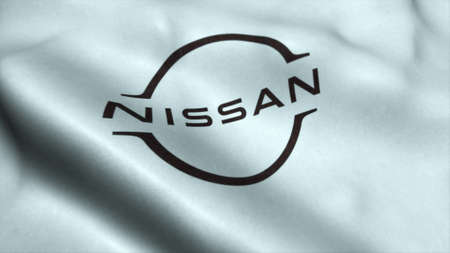 RUSSIA, MOSCOW, MARCH 2020: Flag with Nissan Motor logo, close-up. Conceptual editorial 3d...