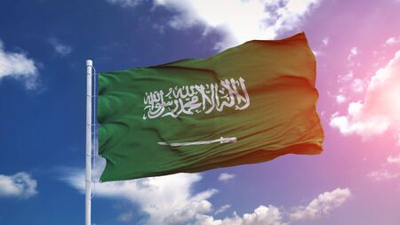 Saudi Arabia national flag waving on the blue sky with beautiful sunlight. 3d illustrationの写真素材