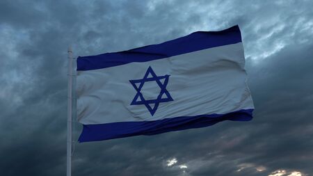 Realistic flag of Israel waving in the wind against deep heavy stormy sky. 3d illustration.の写真素材