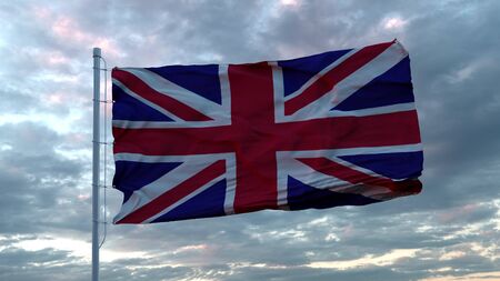 Realistic flag of United Kingdom waving in the wind against deep dramatic Sky. 3d illustration.の写真素材