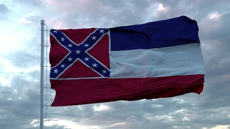 Flag of Mississippi waving in the wind against deep beautiful clouds sky. 3d rendering.の写真素材