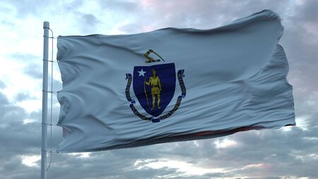 Flag of Massachusetts waving in the wind against deep beautiful clouds sky. 3d rendering