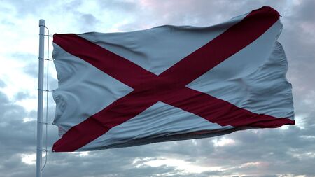 Flag of Alabama waving in the wind against deep beautiful clouds sky. 3d rendering.の写真素材