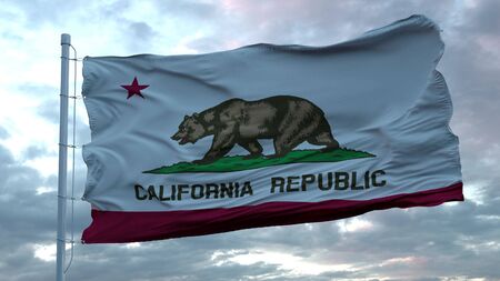 Flag of California waving in the wind against deep beautiful clouds sky. 3d rendering