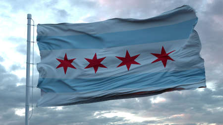 Flag of Chicago city waving in the wind against deep beautiful clouds sky. 3d renderingの写真素材