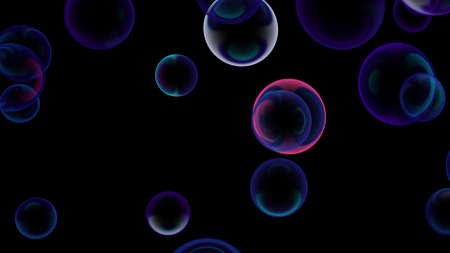 Soap bubbles fly up on a black background. 3d illustration