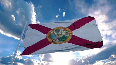 Florida flag on a flagpole waving in the wind in the sky. State of Florida in The United States of America. 3d renderingの写真素材