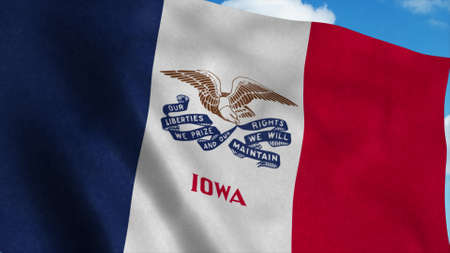 Iowa flag waving in the wind, blue sky background. 3d renderingの写真素材