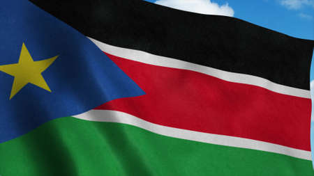 South Sudan flag waving in the wind, blue sky background. 3d renderingの写真素材