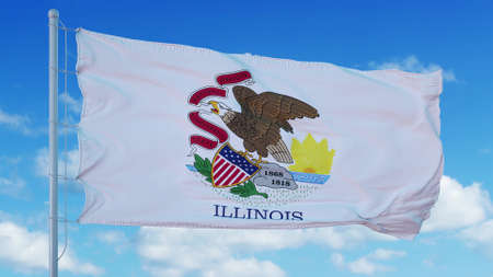 Illinois flag on a flagpole waving in the wind, blue sky background. 3d rendering
