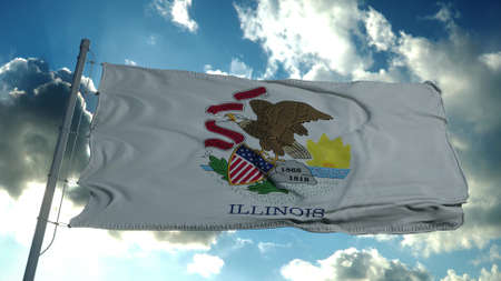 Illinois flag on a flagpole waving in the wind in the sky. 3d renderingの写真素材