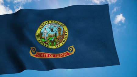 Idaho flag on a flagpole waving in the wind, blue sky background. 3d rendering