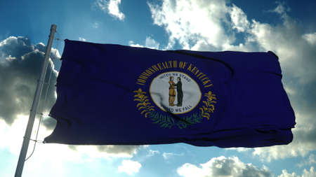 Kentucky flag on a flagpole waving in the wind, blue sky background. 3d rendering