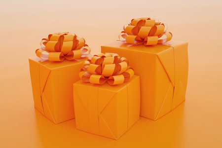 Set of orange gift boxes. Perfect for greeting cards, holiday design. 3d renderingの写真素材