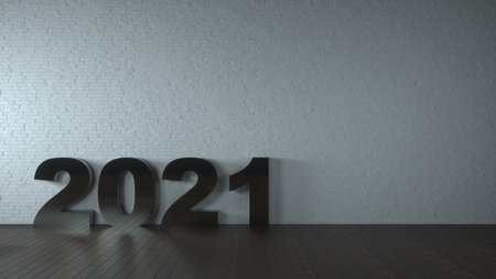 Happy New Year concept. Metal numbers inscription 2021 in an empty grey classic room. 3d renderingの写真素材
