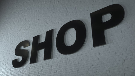 The black SHOP text is put on the white brick wall. 3d rendering