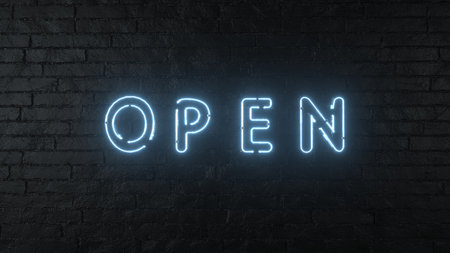 Open sign in neon light on a dark gunge brick wall. Open for business. 3d rendering