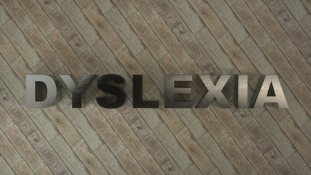 DYSLEXIA - Realistic Metal Sign on Brown Wooden Floor. 3D illustrationの写真素材