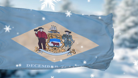 Delaware winter snowflakes flag background. United States of America. 3d illustrationの写真素材