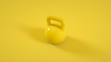 Metal kettlebell gym weight isolated on yellow background. 3d illustrationの写真素材