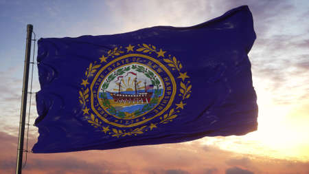 Flag of New Hampshire waving in the wind against deep beautiful sky. 3d illustration