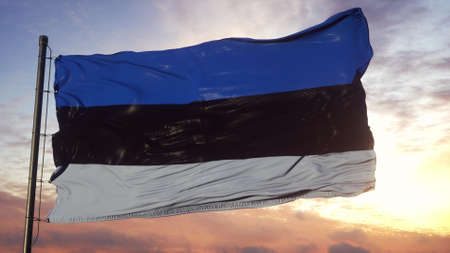 Flag of Estonia waving in the wind against deep beautiful sky. 3d illustrationの写真素材