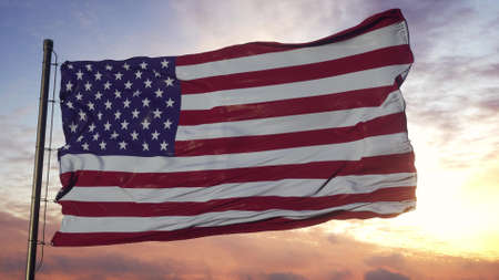 Flag of America waving in the wind against deep beautiful sky. 3d illustration