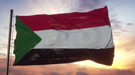 Flag of Sudan waving in the wind against deep beautiful sky. 3d illustration