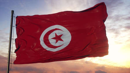 Flag of Tunisia waving in the wind against deep beautiful sky. 3d illustrationの写真素材