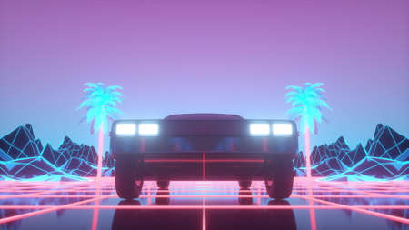 Retro-futuristic 80s style sci-Fi car background. 3d rendering