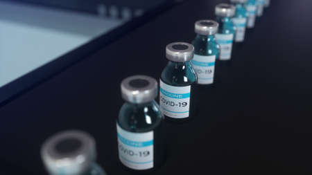 Certified vaccine against virus covid-19 on the production line. 3d rendering