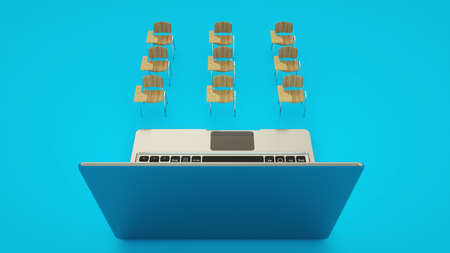 Digital classroom online education concept. School desks and laptop. 3d rendering
