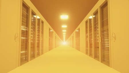 Modern yellow network and telecommunication technology computer concept: server room in datacenter....