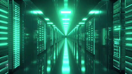 Data center with endless servers. Network and information servers behind glass panels. 3d rendering