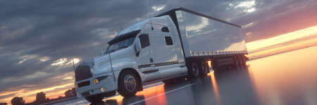 Semi Truck In Motion. Truck closeup on a highway. Trucking business concept. 3d renderingの写真素材