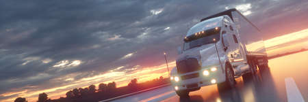 Semi Truck In Motion. Truck closeup on a highway. Trucking business concept. 3d illustrationの写真素材
