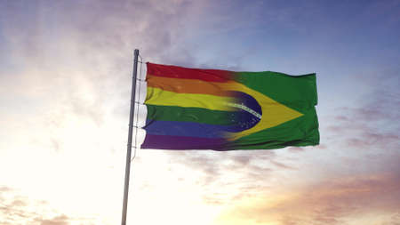Waving national flag of Brazil and  rainbow flag background. 3d rendering