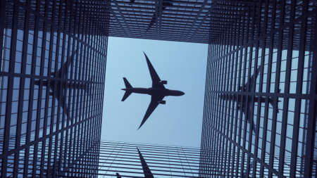 Airplane flying over modern skyscrapers against a beautiful blue sky. 3d rendering