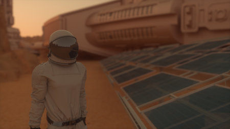 Astronaut on the surface of Mars. Mars colonization concept. 3D illustration