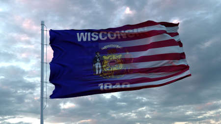 USA and Wisconsin Mixed Flag waving in wind. Wisconsin and USA flag on flagpole. 3d renderingの写真素材