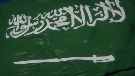 Saudi Arabia flag waving in the wind. Sign of Saudi Arabia waving against a blue sky. 3d rendering