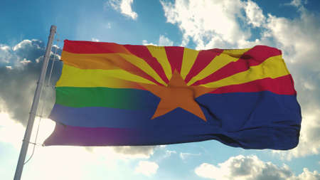 Flag of Arizona and LGBT. Arizona and LGBT Mixed Flag waving in wind. 3d renderingの写真素材