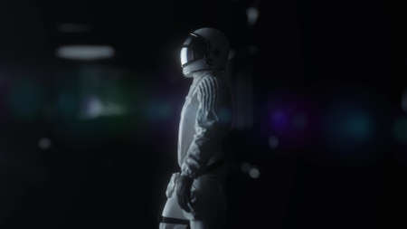 Astronaut walking in futuristic spaceship, sci-fi shuttle corridor. Technology and future concept. 3d renderingの写真素材