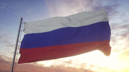 National flag of Russia waving in the wind against beautiful sky. Russian flag on sky background. 3d...