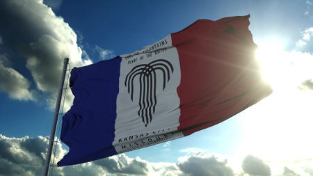Kansas city flag, city of USA or United States of America, waving at wind in blue sky. 3d rendering